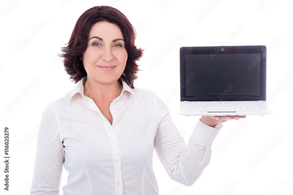 beautiful mature business woman holding laptop with blank screen beautiful mature business woman holding laptop with blank screen