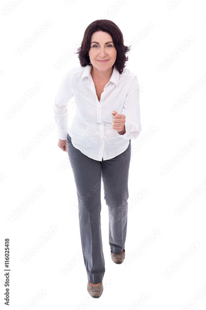 front view of mature woman running isolated on white front view of mature woman running isolated on white