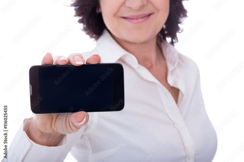 close up of phone with blank screen in female hands isolated on close up of phone with blank screen in female hands isolated on