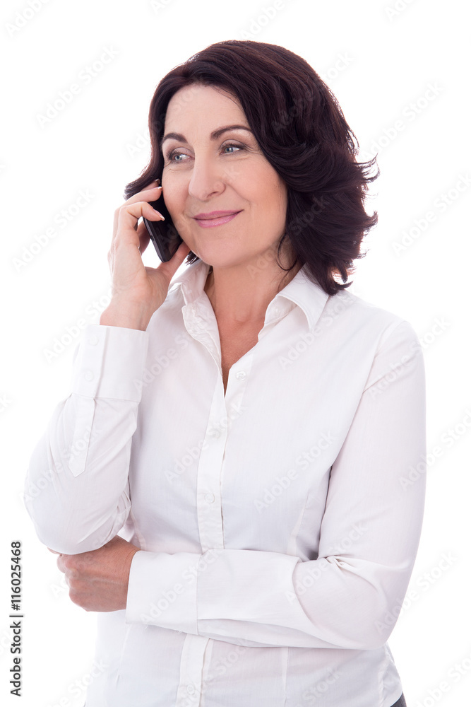 portrait of beautiful mature woman talking on phone isolated on portrait of beautiful mature woman talking on phone isolated on