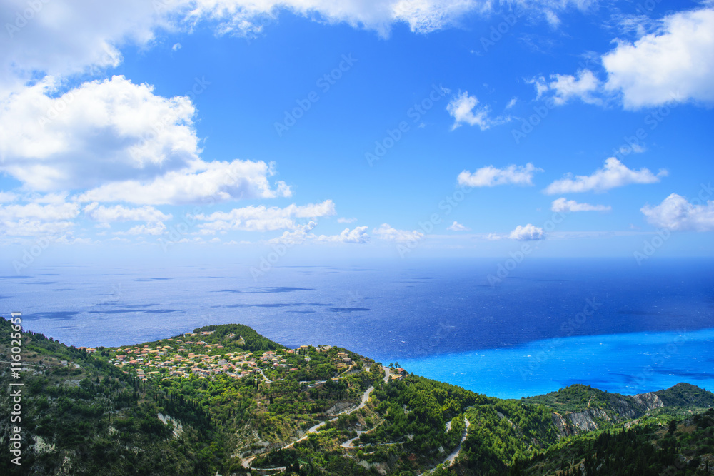 Beautiful coastline at Lefkada island in Greece. Top view, gener