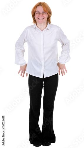 Confused woman standing on a white background