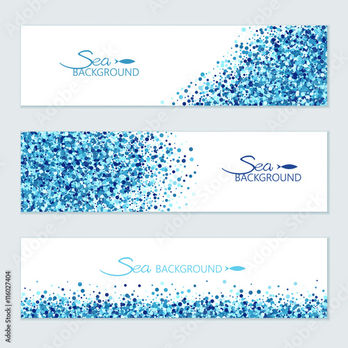 Vector horizontal sea banners set of scatter blue circles for different design.