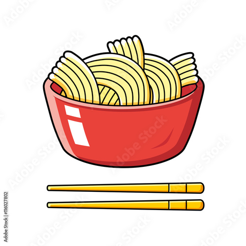 Red instant noodles bowl and chopsticks.