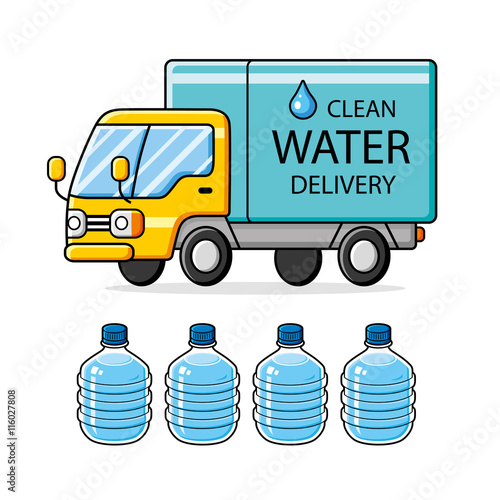 Water delivery truck and big water bottles.