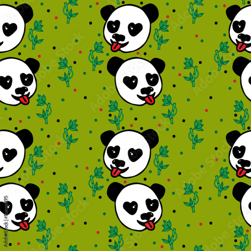 Fototapeta Naklejka Na Ścianę i Meble -  Seamless with hand drawn black line head of Panda and bamboo