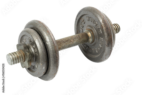 Old rusty metal iron dumbbell isolated on white. Image with clipping path.