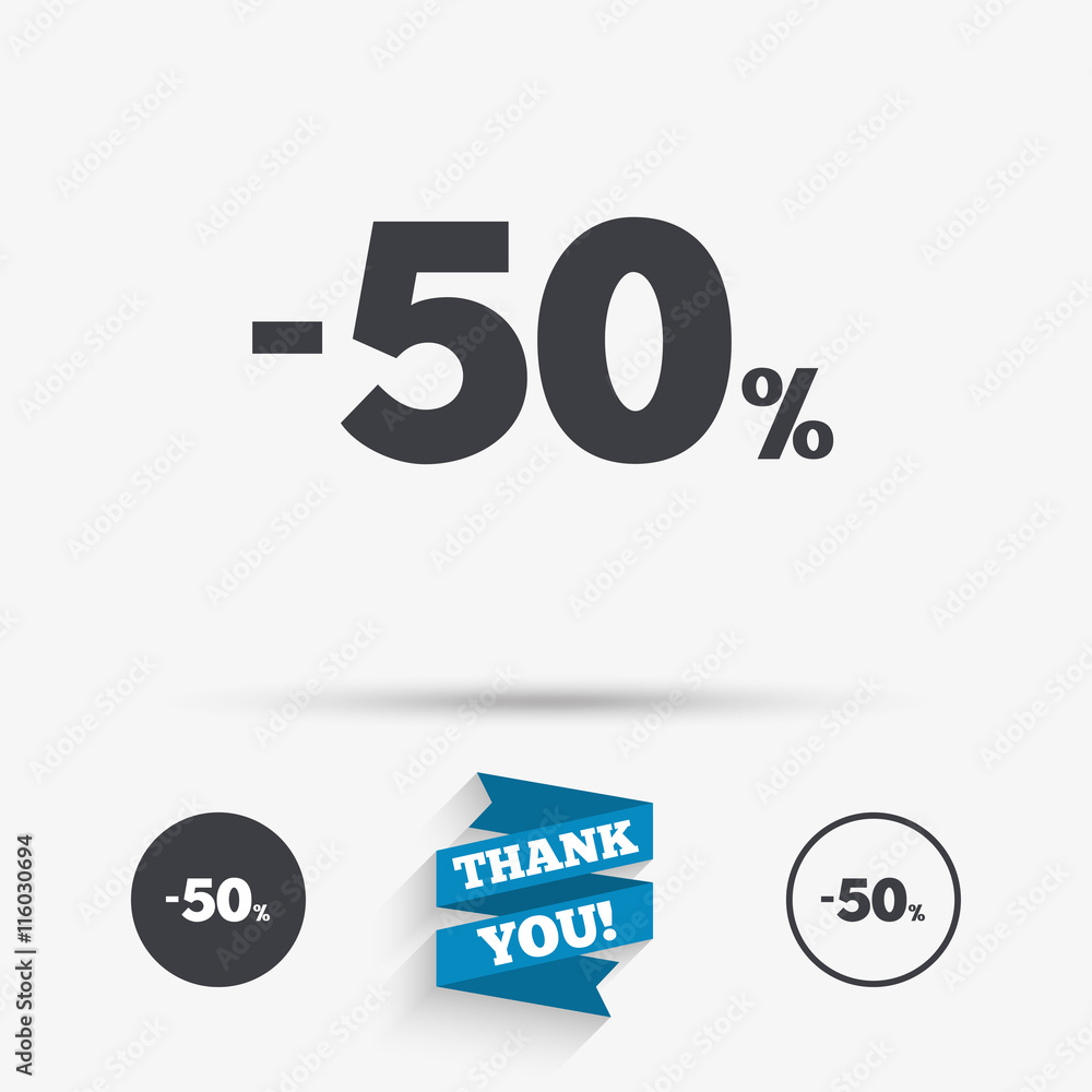50 percent discount sign icon. Sale symbol. 50 percent discount sign icon. Sale symbol.