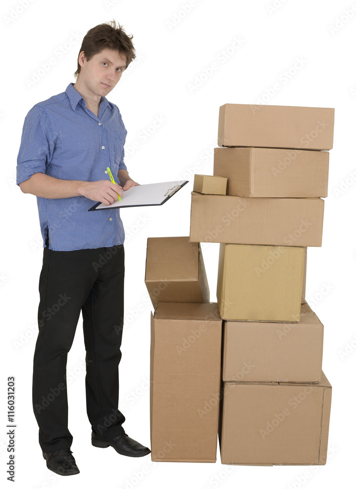 Man with marker and pile cardboard boxes Man with marker and pile cardboard boxes
