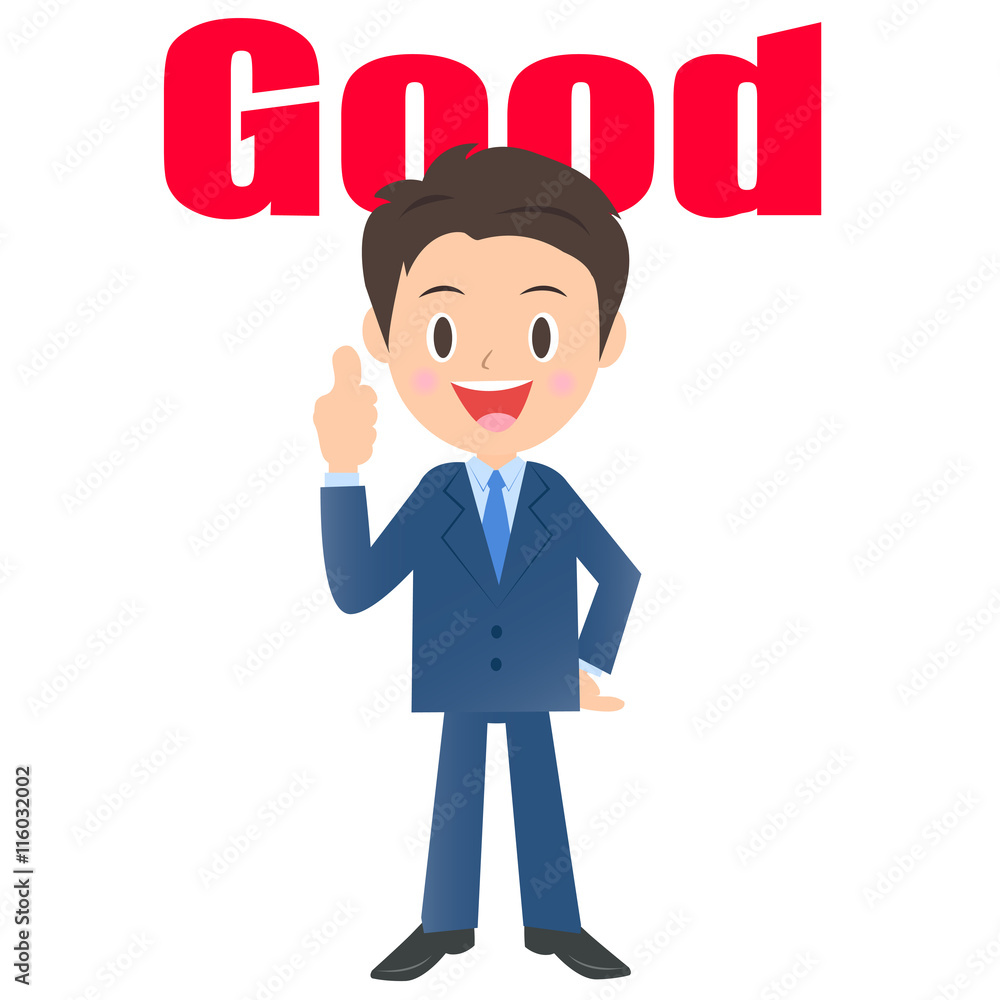 Goodを示すビジネスマン、男性会社員のイラスト素材、三頭身 Goodを示すビジネスマン、男性会社員のイラスト素材、三頭身