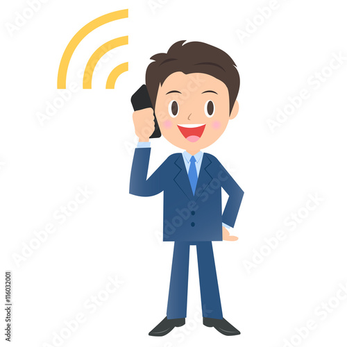 携帯電話で通話するビジネスマン、男性会社員のイラスト素材、三頭身