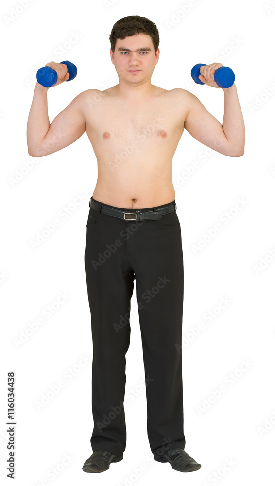 Man with sports dumbbells on a white background