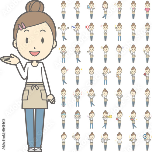 お団子ヘアの若い主婦vol.1（案内・指差し・笑顔など, 様々な表情やポーズのイラストをセット）