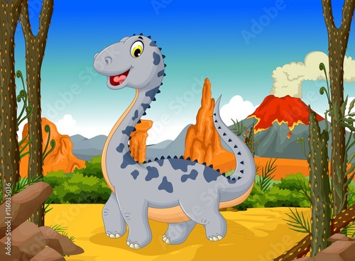 funny cute dinosaur cartoon  with volcano landscape background