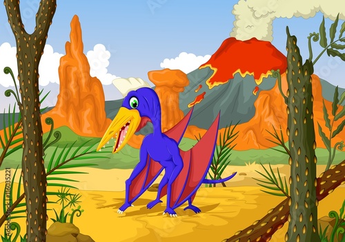 funny pterodactyl cartoon with forest landscape background