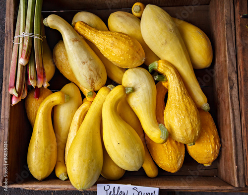 Fresh yellow squash in a wooden box at a local farmers market.
