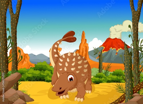 funny Ankylosaurus Dinosaur cartoon with volcano landscape background photo