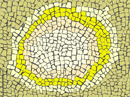 Mosaico ampliado de pedras portuguesas em tons de amarelo e marrom