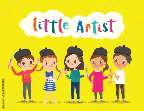 little artist, isolated kids children with painting tools cartoon illustration