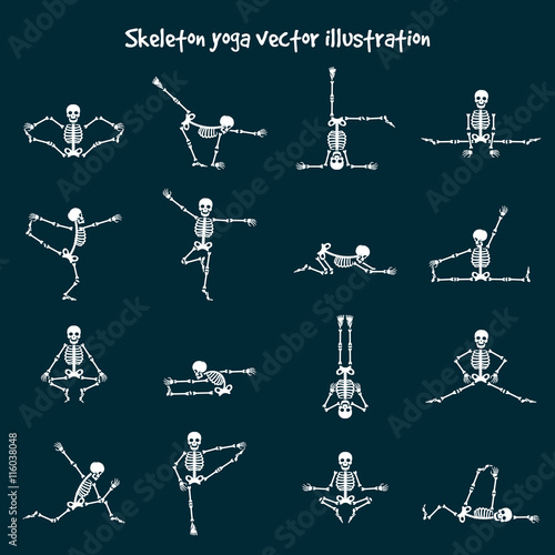 Skeleton yoga vector illustration. Comic healthy fitness skeleton