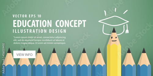 Banner Yellow pencil stand out from the blue pencil with success