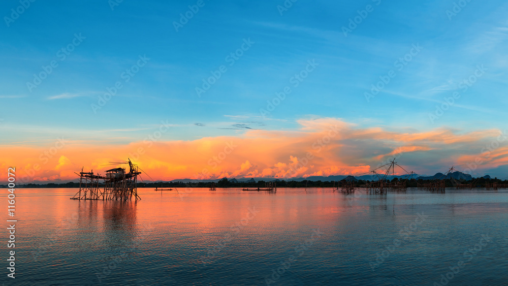 panorama view of sunrise over the lake in Thailand.