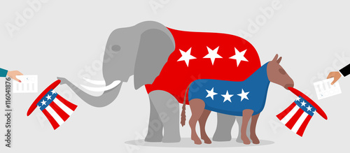 Democratic donkey and republican elephant hold sam hats in which voters put election bulletins