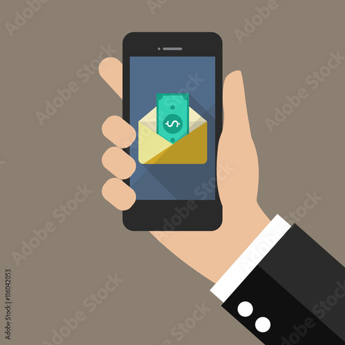 Hand holding smartphone with banknote in envelope