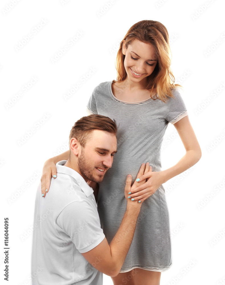 Happy family expecting baby isolated on white Happy family expecting baby isolated on white