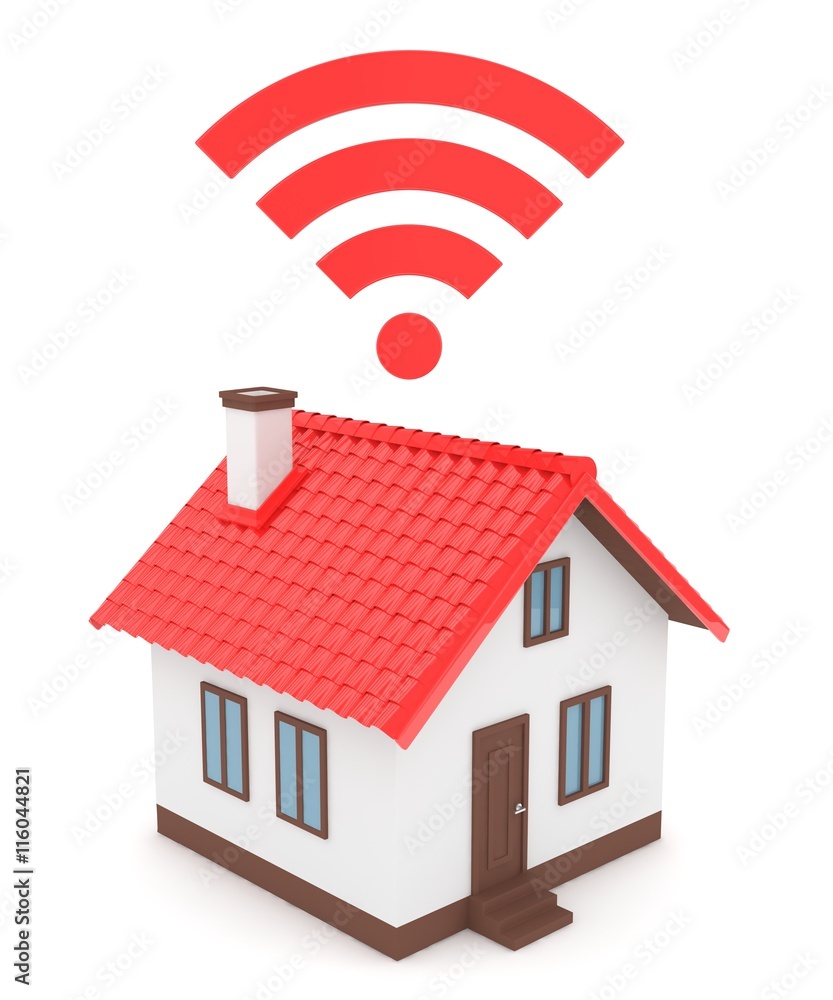 Wifi house on white background. Wireless technology. Internet, phone and radio signal. Network. 3D rendering Wifi house on white background. Wireless technology. Internet, phone and radio signal. Network. 3D rendering