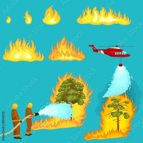 Firefighters in protective clothing and helmet with helicopter extinguish with water from hoses dangerous wildfire.Man fighter and rescue helicopter put out the fire in forest landscape damage vector