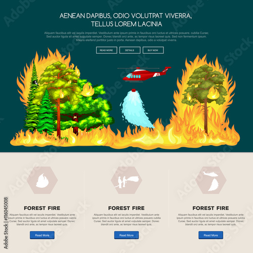 Forest Fire, fire in forest landscape damage, nature ecology disaster, hot burning trees, danger forest fire flame with smoke, blaze wood background vector illustration.Burning tree red and orange
