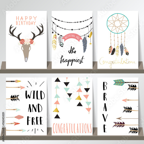 Light green pink gold card template with arrow,feather,geometric and wild in boho style