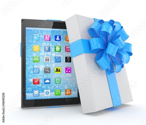 Tablet in white gift box with blue bow and ribbons on white. 3D rendering.