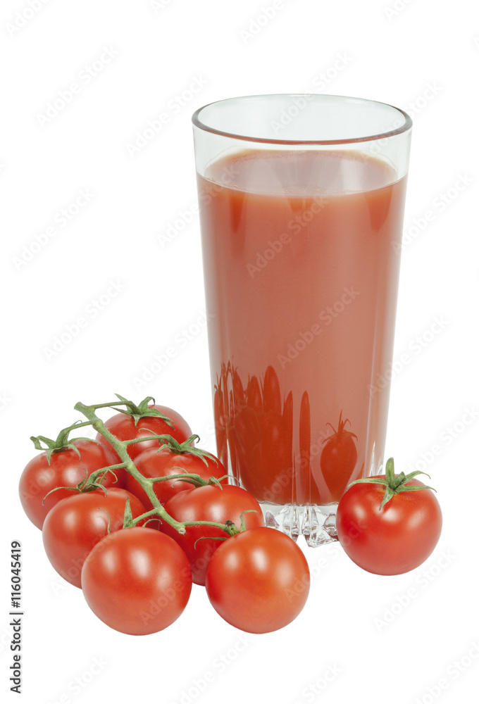 Fresh tomato juice and tomatoes isolated on white background Fresh tomato juice and tomatoes isolated on white background