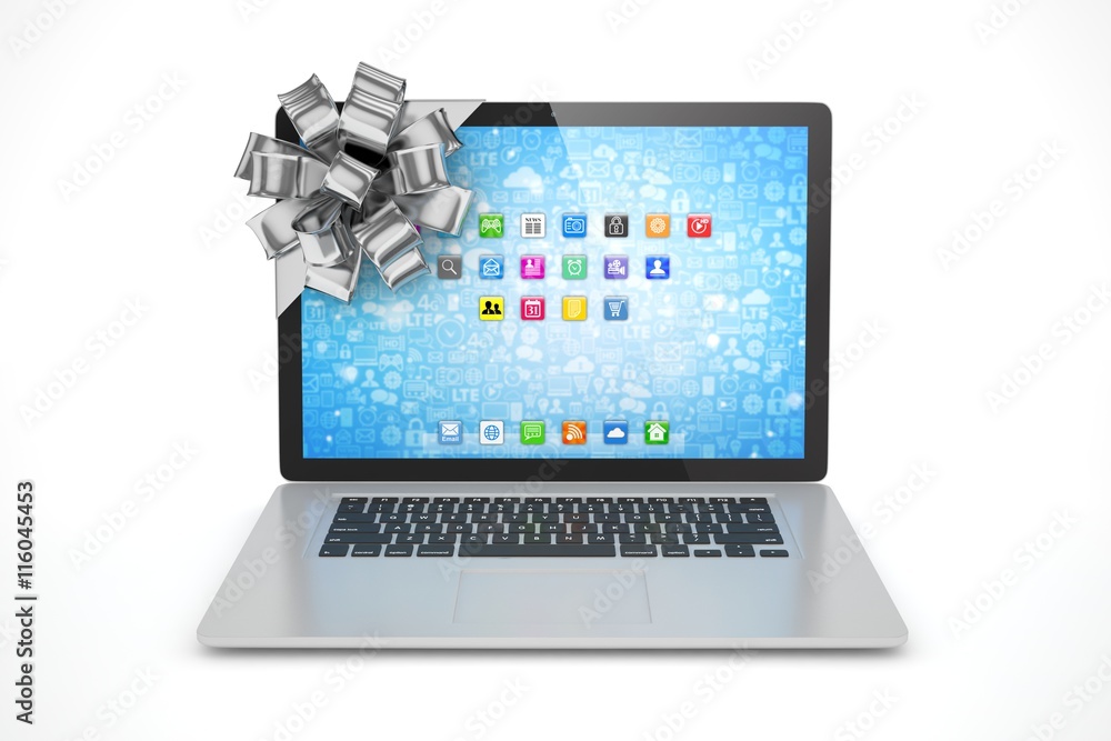 Tied laptop with silver bow on white background. Modern present or gift for birthday, holiday, christmas. 3D rendering. Tied laptop with silver bow on white background. Modern present or gift for birthday, holiday, christmas. 3D rendering.