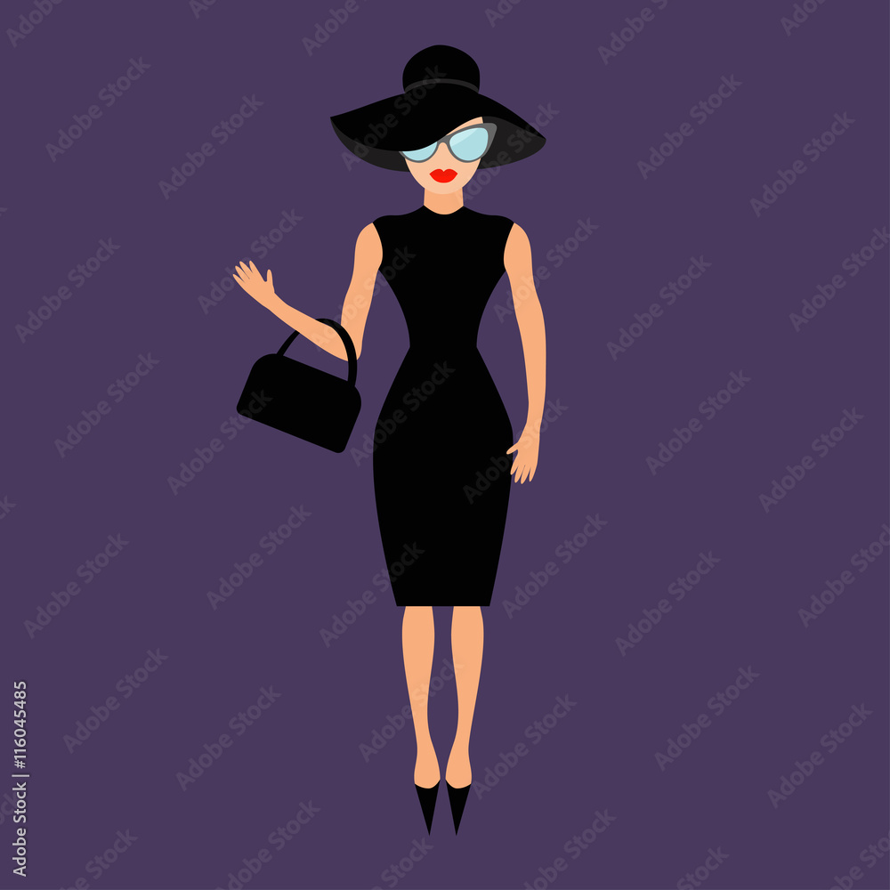 Woman in black elegant hat, bag and sunglasses waving. Rich and beautiful celebrity girl. Beauty fashion model face red lips. People collection Cute cartoon character Flat Violet background Woman in black elegant hat, bag and sunglasses waving. Rich and beautiful celebrity girl. Beauty fashion model face red lips. People collection Cute cartoon character Flat Violet background