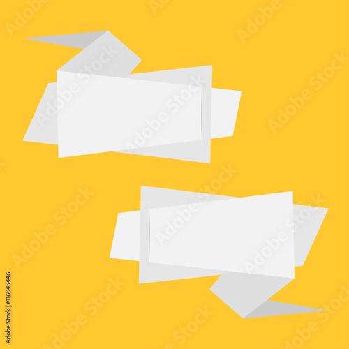 Origami paper banner set. Abstract geometric price tag sticker. Yellow background. Isolated. Flat meterial design style.