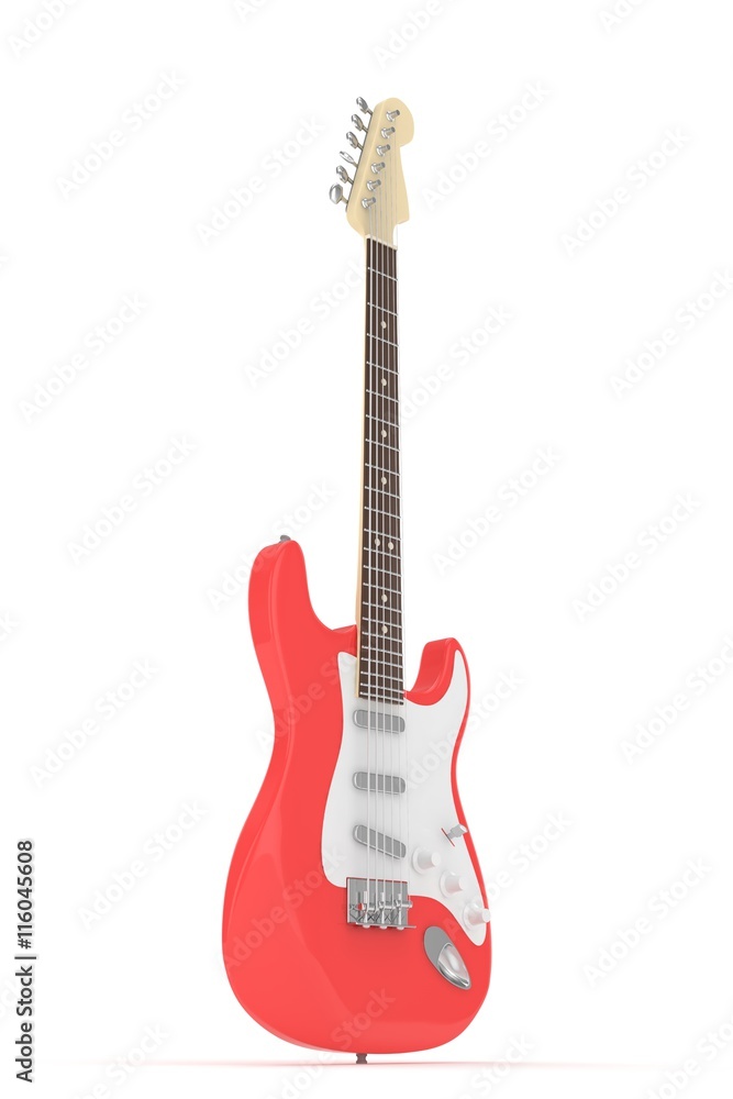 Isolated red electric guitar on white background.  Musical instrument for rock, blues, metal songs. 3D rendering.