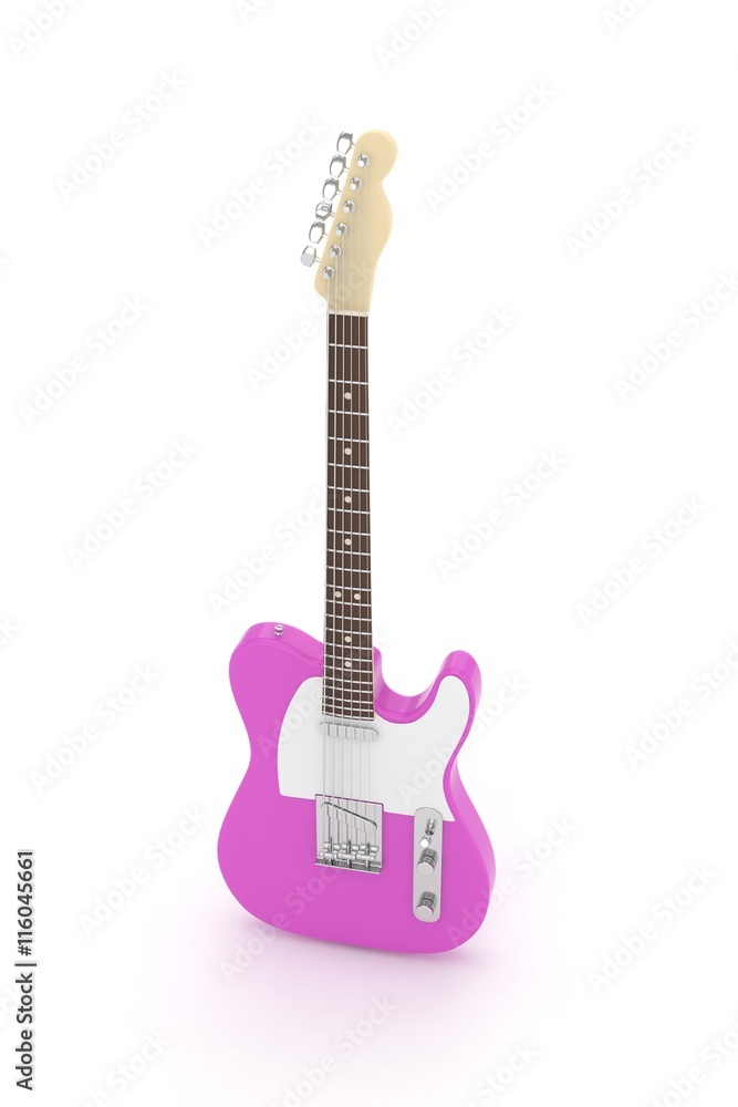 Isolated purple electric guitar on white background.  Musical instrument for rock, blues, metal songs. 3D rendering.