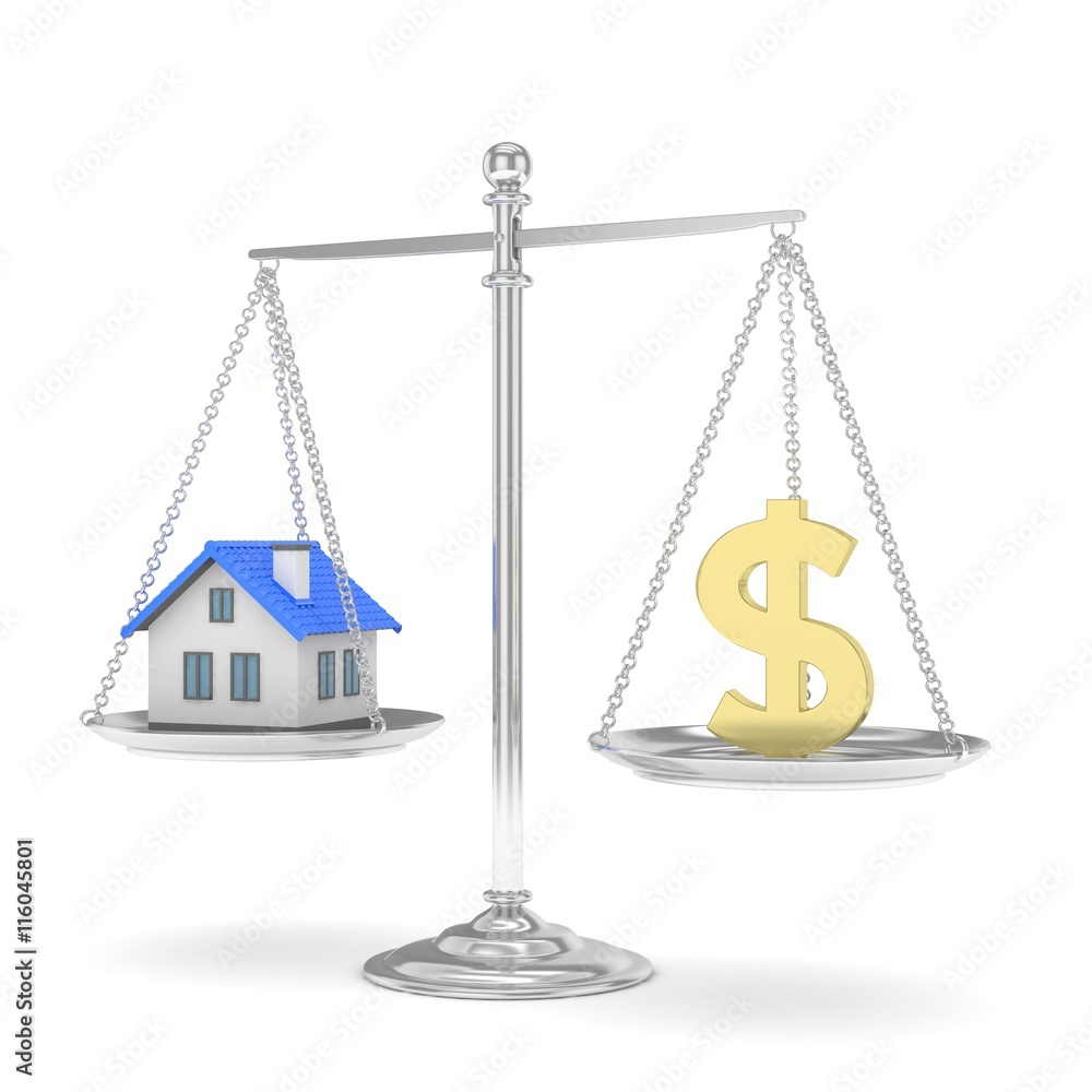 Isolated silver scales with golden dollar and house on white background. Investment or savings concept. Real estate and currency. 3D rendering. Isolated silver scales with golden dollar and house on white background. Investment or savings concept. Real estate and currency. 3D rendering.