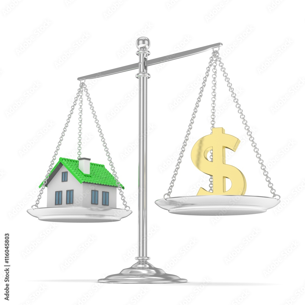 Isolated silver scales with golden dollar and house on white background. Investment or savings concept. Real estate and currency. 3D rendering. Isolated silver scales with golden dollar and house on white background. Investment or savings concept. Real estate and currency. 3D rendering.