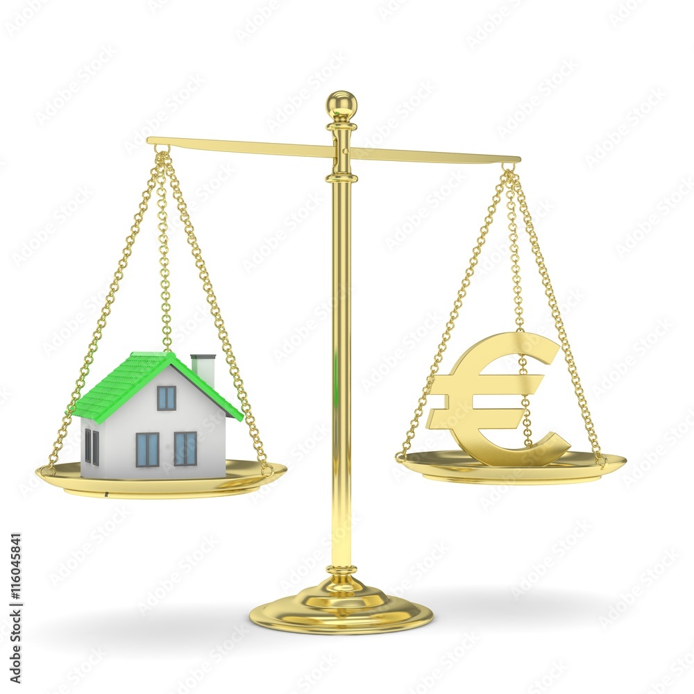Isolated golden scales with golden euro and house on white background. Investment or savings concept. Real estate and currency. 3D rendering. Isolated golden scales with golden euro and house on white background. Investment or savings concept. Real estate and currency. 3D rendering.