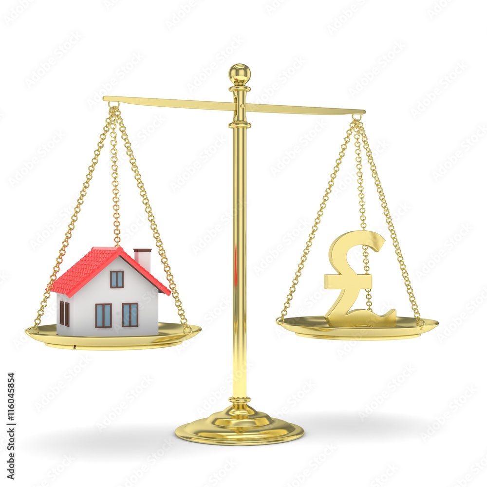 Isolated golden scales with golden pound and house on white background. Investment or savings concept. Real estate and currency. 3D rendering. Isolated golden scales with golden pound and house on white background. Investment or savings concept. Real estate and currency. 3D rendering.