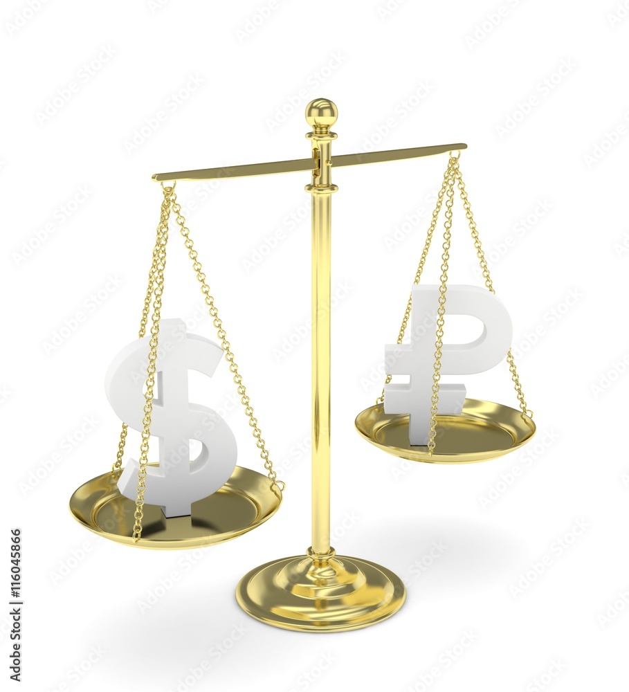 Isolated old fashioned pan scale with dollar and ruble on white background. American and russian currency. Currency equality. 3D rendering. Isolated old fashioned pan scale with dollar and ruble on white background. American and russian currency. Currency equality. 3D rendering.