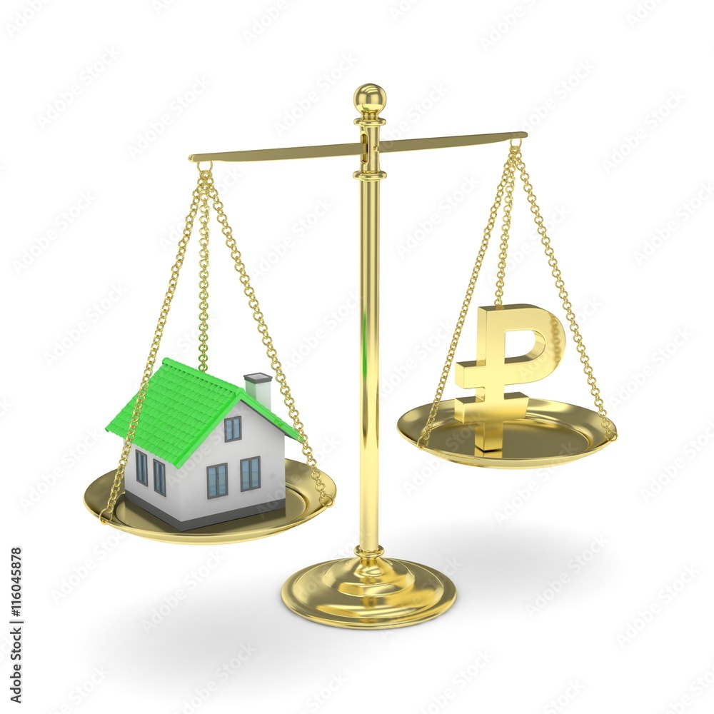 Isolated old fashioned pan scale with ruble and house on white background. Real estate vs russian currency. Affordable house. 3D rendering. Isolated old fashioned pan scale with ruble and house on white background. Real estate vs russian currency. Affordable house. 3D rendering.
