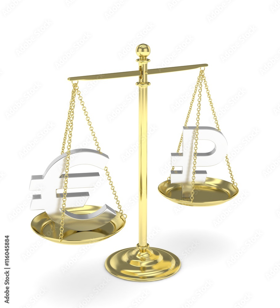 Isolated golden scales with silver euro and ruble currency. Russian and european finance. Measuring of market stability. 3D rendering. Isolated golden scales with silver euro and ruble currency. Russian and european finance. Measuring of market stability. 3D rendering.