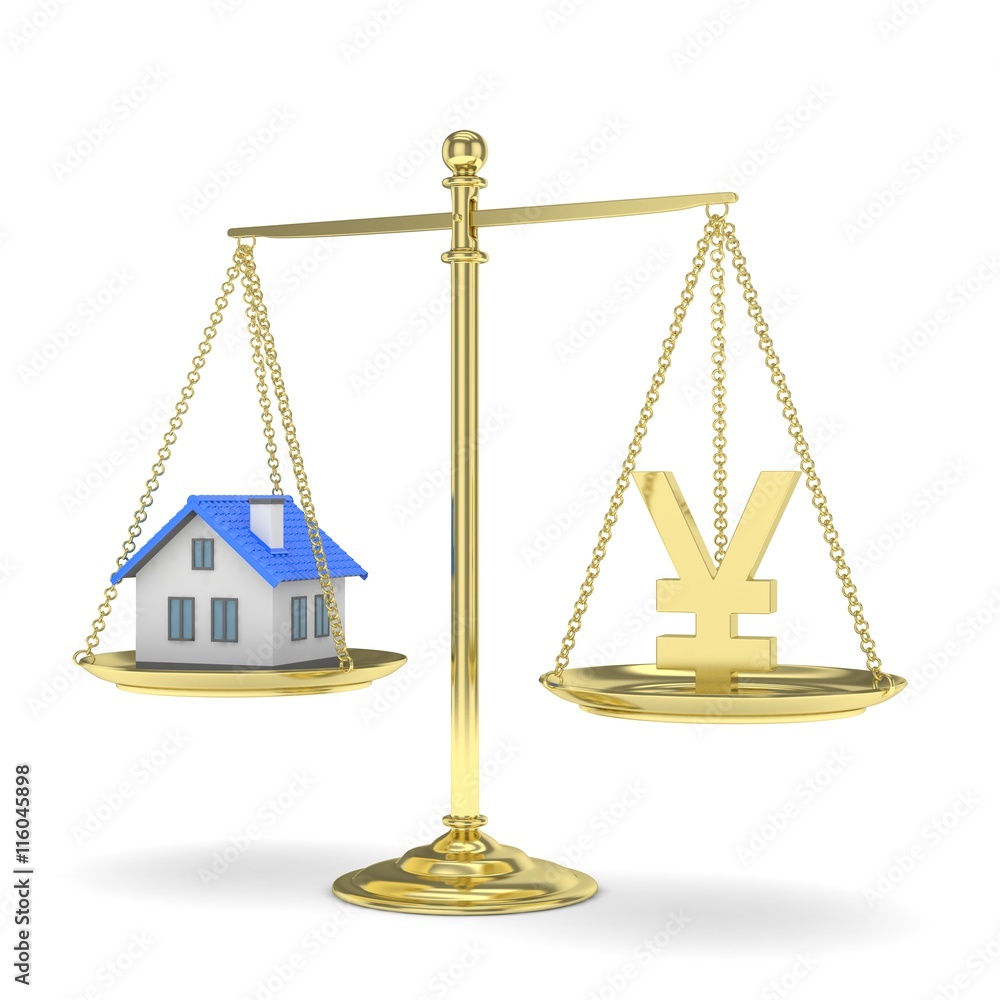 Isolated golden scales with golden yuan and house on white background. Investment or savings concept. Real estate and currency. 3D rendering. Isolated golden scales with golden yuan and house on white background. Investment or savings concept. Real estate and currency. 3D rendering.