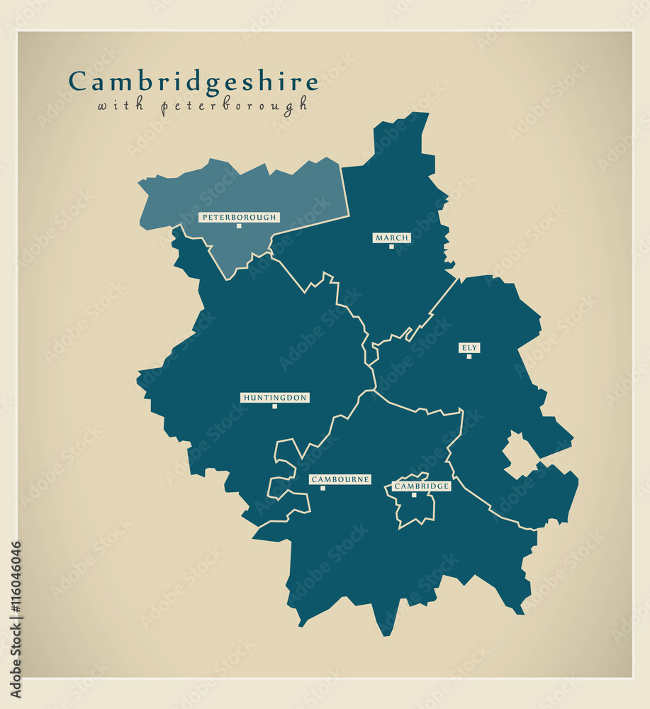 Modern Map - Cambridgeshire county with Peterborough districts UK