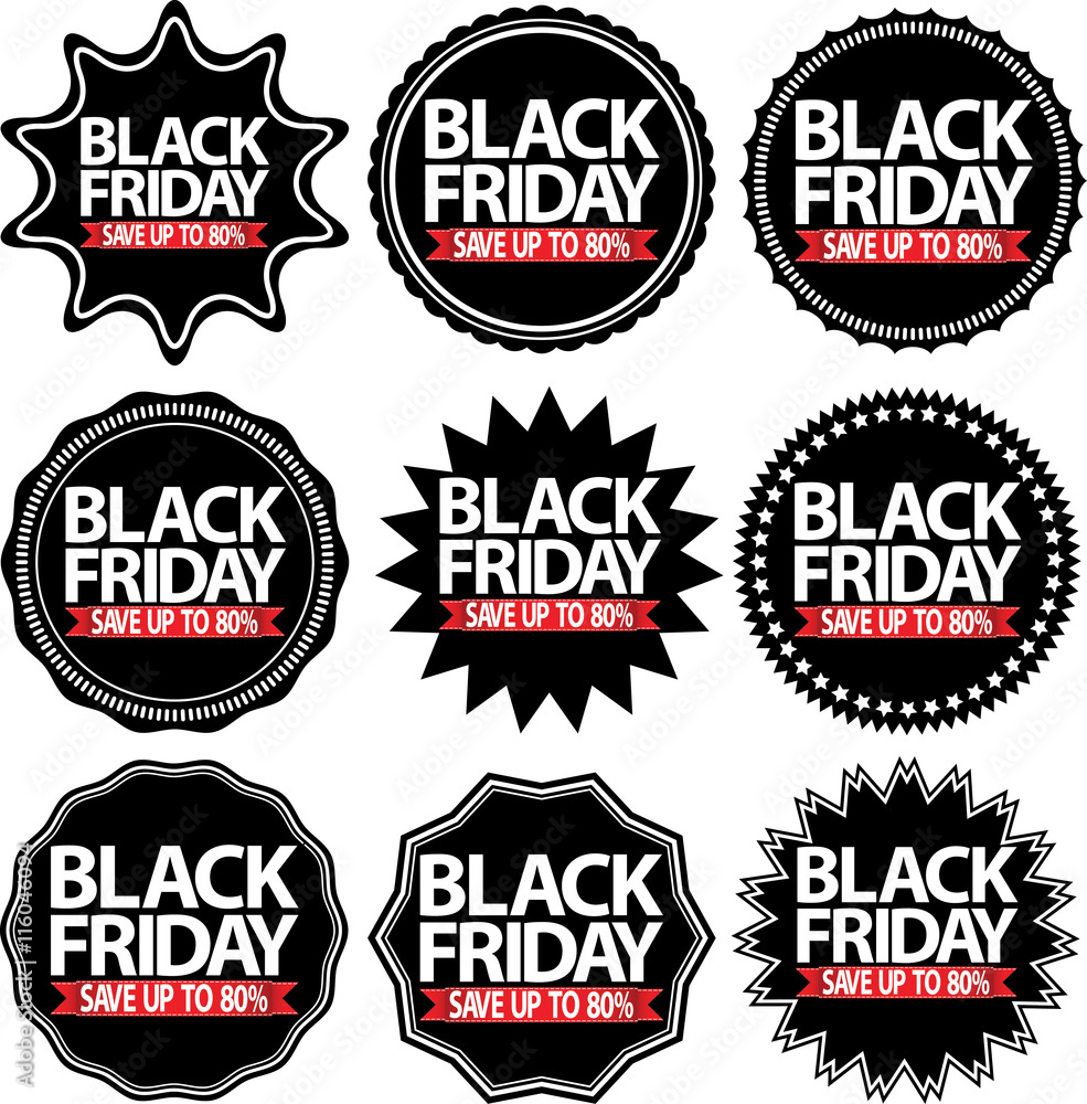 Black friday save up to 80%  black signs set, vector illustratio